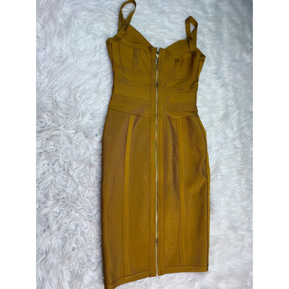 House of CB London Mustard Yellow Bandage Bodycon Midi Dress Medium V-Neck Zip - Picture 10 of 10